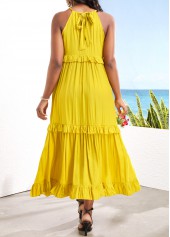 Yellow dresses,Plain Color dresses,Ruched Tie Back Yellow Sleeveless Maxi Dress