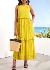 Ruched Tie Back Yellow Sleeveless Maxi Dress