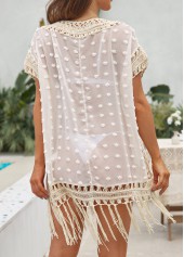 Beige swimwear,Plain Color swimwear,Weave Patchwork Tassel Beige Cover Up