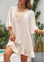 Beige swimwear,Plain Color swimwear,Patchwork Ruffle Tassel Beige Cover Up