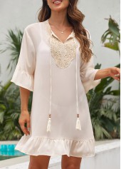 Beige swimwear,Plain Color swimwear,Patchwork Ruffle Tassel Beige Cover Up