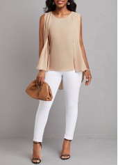 Light Coffee tops,Plain Color tops,Fake 2in1 Light Coffee Round Neck Tank Top