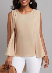 Light Coffee tops,Plain Color tops,Fake 2in1 Light Coffee Round Neck Tank Top