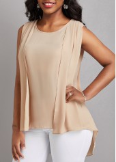 Light Coffee tops,Plain Color tops,Fake 2in1 Light Coffee Round Neck Tank Top