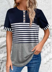 ROTITA Button Striped Navy Round Neck T Shirt