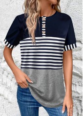 Navy tops,Grey tops,Striped tops,ROTITA Button Striped Navy Round Neck T Shirt