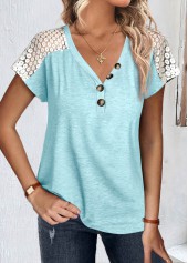 ROTITA Lace Patchwork Light Blue V Neck T Shirt