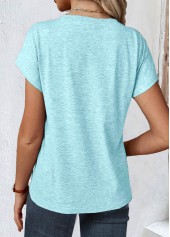 Light Blue tops,Plain Color tops,ROTITA Lace Patchwork Light Blue V Neck T Shirt