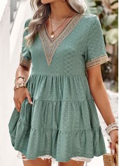 Green tops,Plain Color tops,Smocked Green V Neck Short Sleeve T Shirt