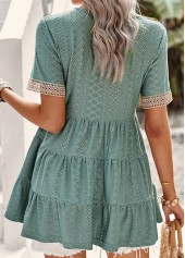 Green tops,Plain Color tops,Smocked Green V Neck Short Sleeve T Shirt