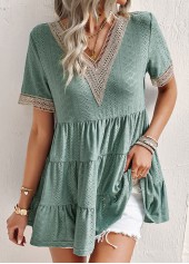 Green tops,Plain Color tops,Smocked Green V Neck Short Sleeve T Shirt