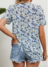 Light Blue tops,Floral tops,Plants tops,Patchwork Floral Print Light Blue V Neck Blouse