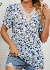 Light Blue tops,Floral tops,Plants tops,Patchwork Floral Print Light Blue V Neck Blouse