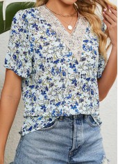 Light Blue tops,Floral tops,Plants tops,Patchwork Floral Print Light Blue V Neck Blouse