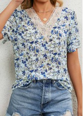 Light Blue tops,Floral tops,Plants tops,Patchwork Floral Print Light Blue V Neck Blouse