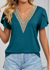 Blackish Green tops,Contrast Color tops,Patchwork Blackish Green V Neck T Shirt