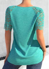 Turquoise tops,Plain Color tops,ROTITA Lace Button Turquoise Round Neck T Shirt