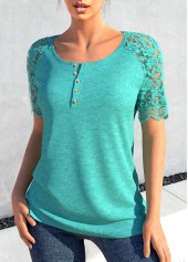 Turquoise tops,Plain Color tops,ROTITA Lace Button Turquoise Round Neck T Shirt