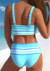 Cyan swimwear,Striped swimwear,ROTITA Bowknot Cyan Multi Stripe Print Bikini Set
