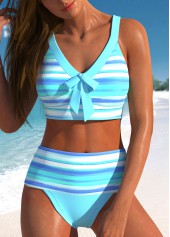 ROTITA Bowknot Cyan Multi Stripe Print Bikini Set