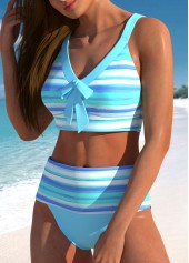 Cyan swimwear,Striped swimwear,ROTITA Bowknot Cyan Multi Stripe Print Bikini Set
