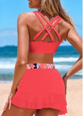 Coral swimwear,Geometric swimwear,Dot swimwear,ROTITA Drawstring Coral Geometric Print Mid Waisted Bikini Set