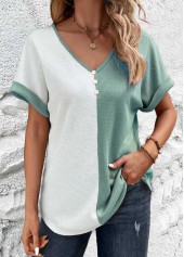 ROTITA Patchwork Sage Green V Neck T Shirt