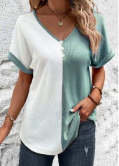 Sage Green tops,White tops,Contrast Color tops,ROTITA Patchwork Sage Green V Neck T Shirt
