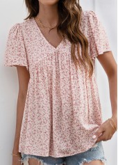 Pink tops,Ditsy Floral tops,Smocked Ditsy Floral Print Pink V Neck Blouse