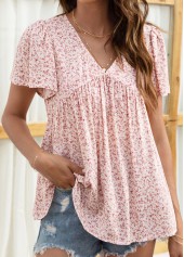 Smocked Ditsy Floral Print Pink V Neck Blouse