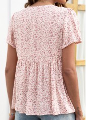 Pink tops,Ditsy Floral tops,Smocked Ditsy Floral Print Pink V Neck Blouse