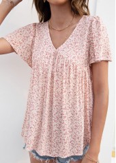Pink tops,Ditsy Floral tops,Smocked Ditsy Floral Print Pink V Neck Blouse
