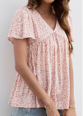 Pink tops,Ditsy Floral tops,Smocked Ditsy Floral Print Pink V Neck Blouse