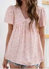 Pink tops,Ditsy Floral tops,Smocked Ditsy Floral Print Pink V Neck Blouse
