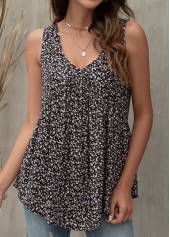 Black tops,Ditsy Floral tops,Smocked Ditsy Floral Print Black Tank Top