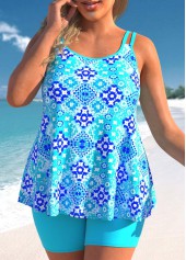 Plus Size Patchwork Tribal Print Cyan Tankini Set