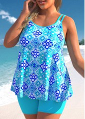 Cyan plus size,Tribal plus size,Dot plus size,ROTITA Plus Size Patchwork Tribal Print Cyan Tankini Top