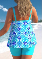 Cyan plus size,Tribal plus size,Dot plus size,ROTITA Plus Size Patchwork Tribal Print Cyan Tankini Top