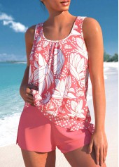 Coral swimwear,White swimwear,Floral swimwear,Dot swimwear,ROTITA Bowknot Coral Floral Print Mid Waisted Tankini Set