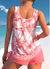 Coral swimwear,White swimwear,Floral swimwear,Dot swimwear,ROTITA Bowknot Coral Floral Print Mid Waisted Tankini Set