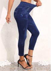 Denim Blue High Waisted Elastic Waist Capri Leggings