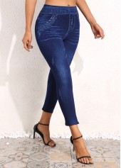Denim Blue bottoms,Plain Color bottoms,Denim Blue High Waisted Elastic Waist Capri Leggings