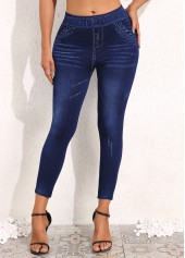 Denim Blue bottoms,Plain Color bottoms,Denim Blue High Waisted Elastic Waist Capri Leggings