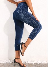 Denim Blue bottoms,Floral bottoms,Floral Print Denim Blue High Waisted Leggings