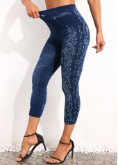 Denim Blue bottoms,Floral bottoms,Floral Print Denim Blue High Waisted Leggings