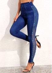 Denim Blue bottoms,Plain Color bottoms,Denim Blue High Waisted Elastic Waist Leggings