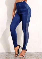 Denim Blue bottoms,Plain Color bottoms,Denim Blue High Waisted Elastic Waist Leggings