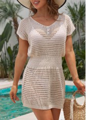 Beige swimwear,Plain Color swimwear,Smocked Mesh Button Beige Cover Up