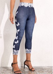 Denim Blue bottoms,Animal Print bottoms,Floral bottoms,Butterfly Print Denim Blue High Waisted Leggings
