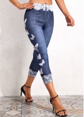 Denim Blue bottoms,Animal Print bottoms,Floral bottoms,Butterfly Print Denim Blue High Waisted Leggings